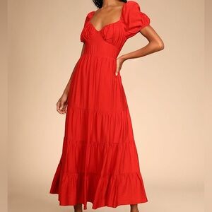 Lulu's Vibrant Red Puff Sleeve‎ Maxi Dress